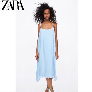 ZARA Blue Pleated Swing Midi Dress sz S/M